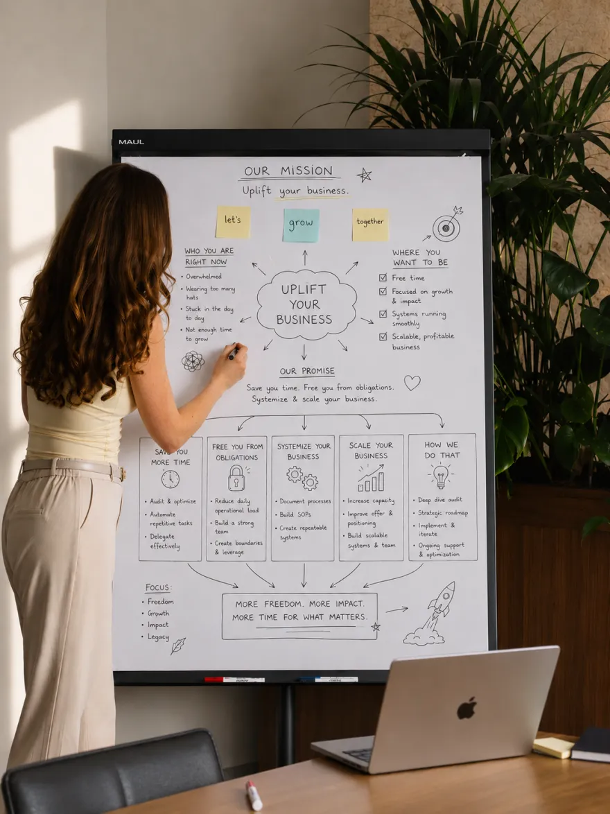 Lu at a whiteboard, mapping out how to uplift a business